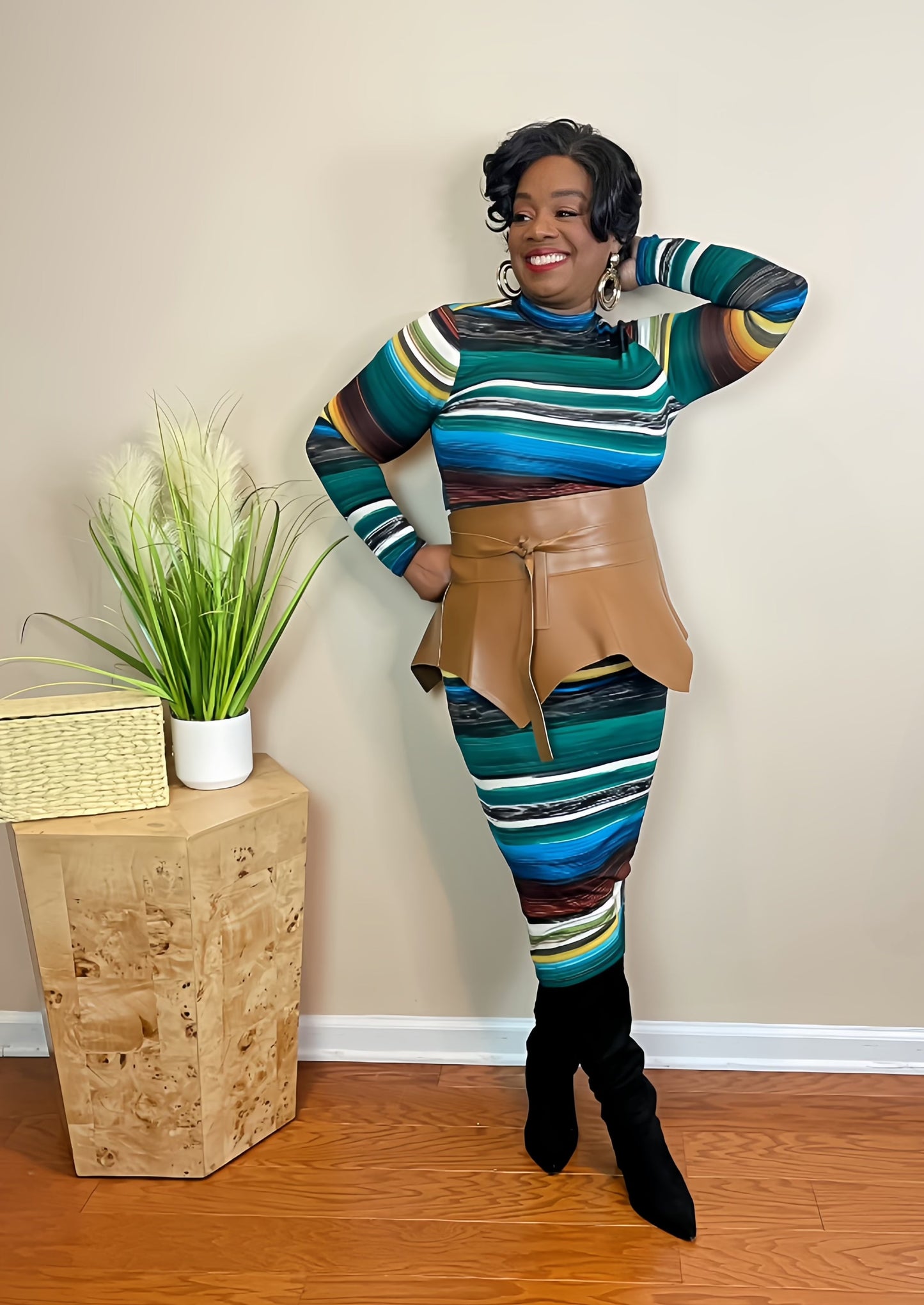 TURQUOISE STRIPED MIDI DRESS