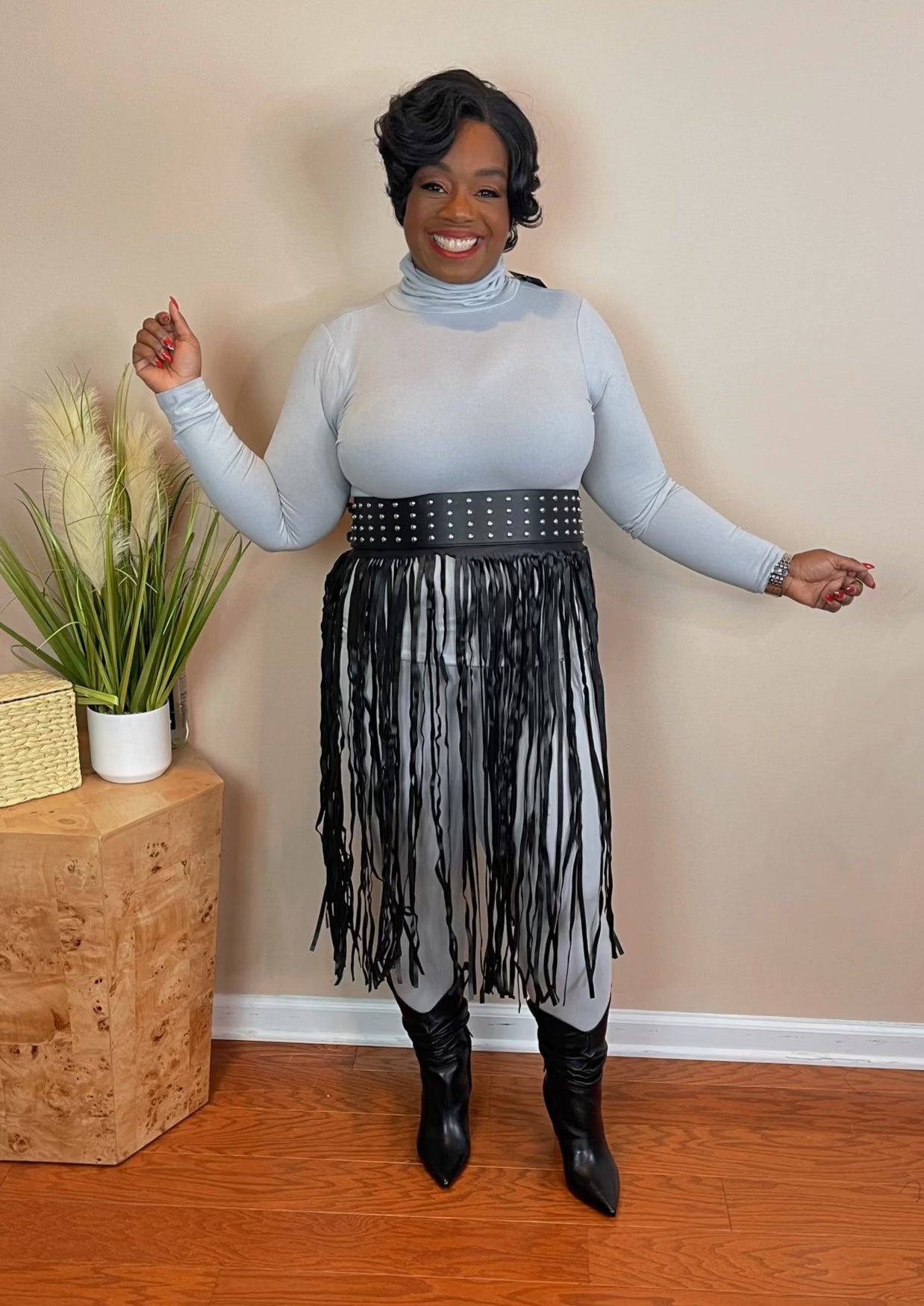 METAL STUDDED FRINGE BELT