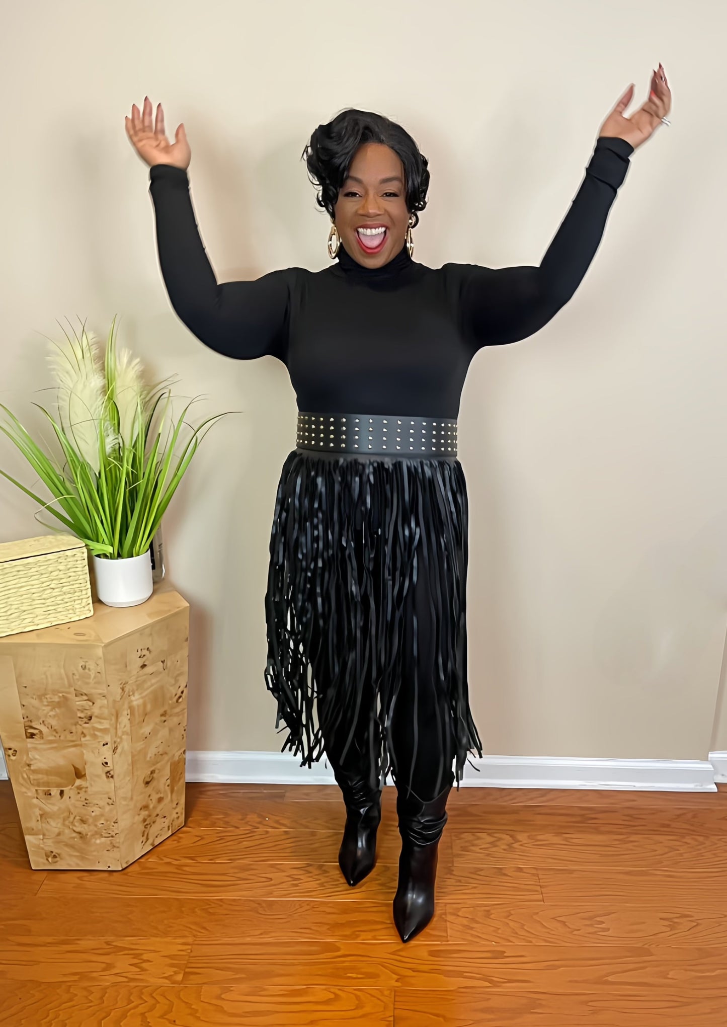 METAL STUDDED FRINGE BELT