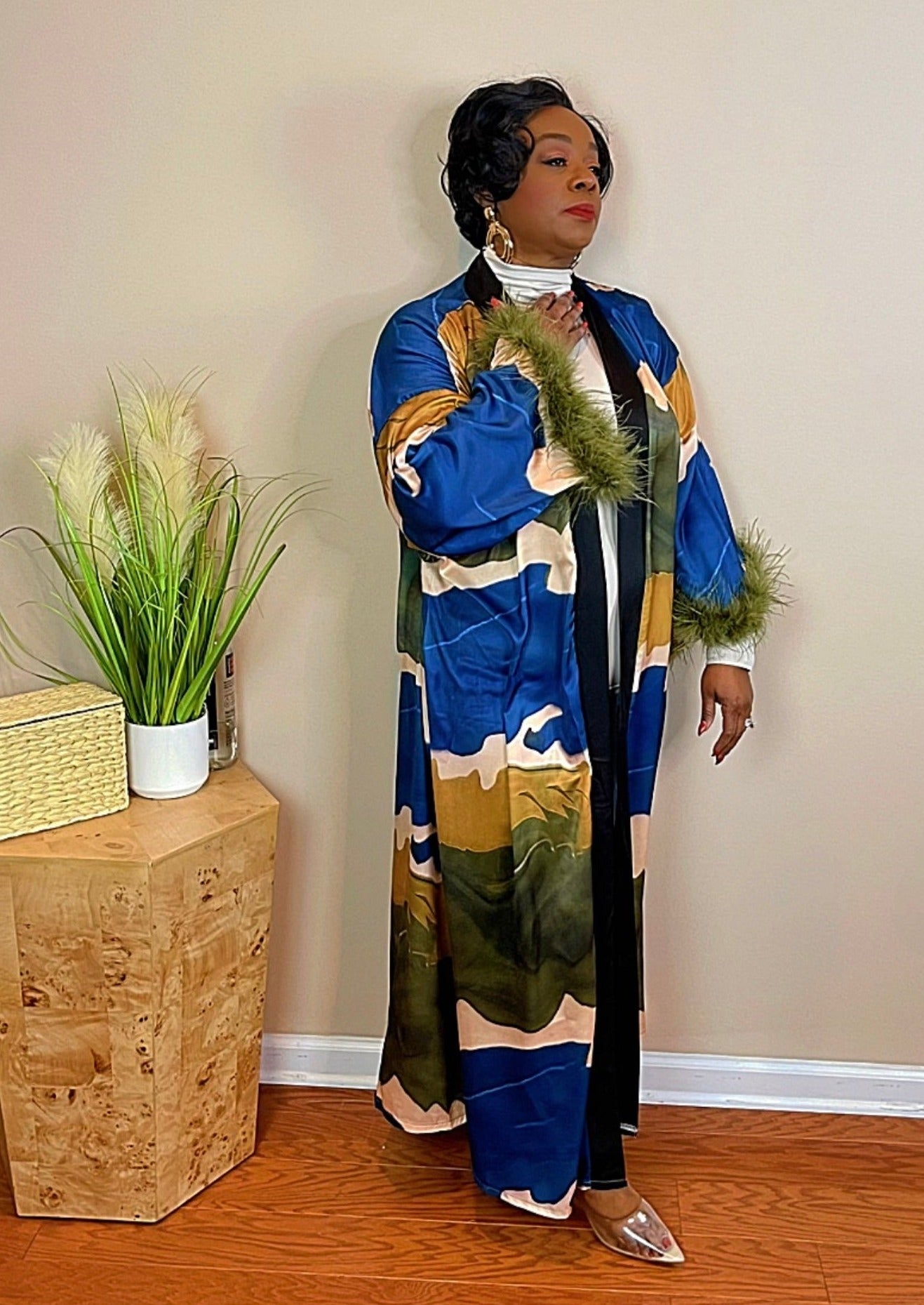 FUR TRIMMED DUSTER- OLIVE