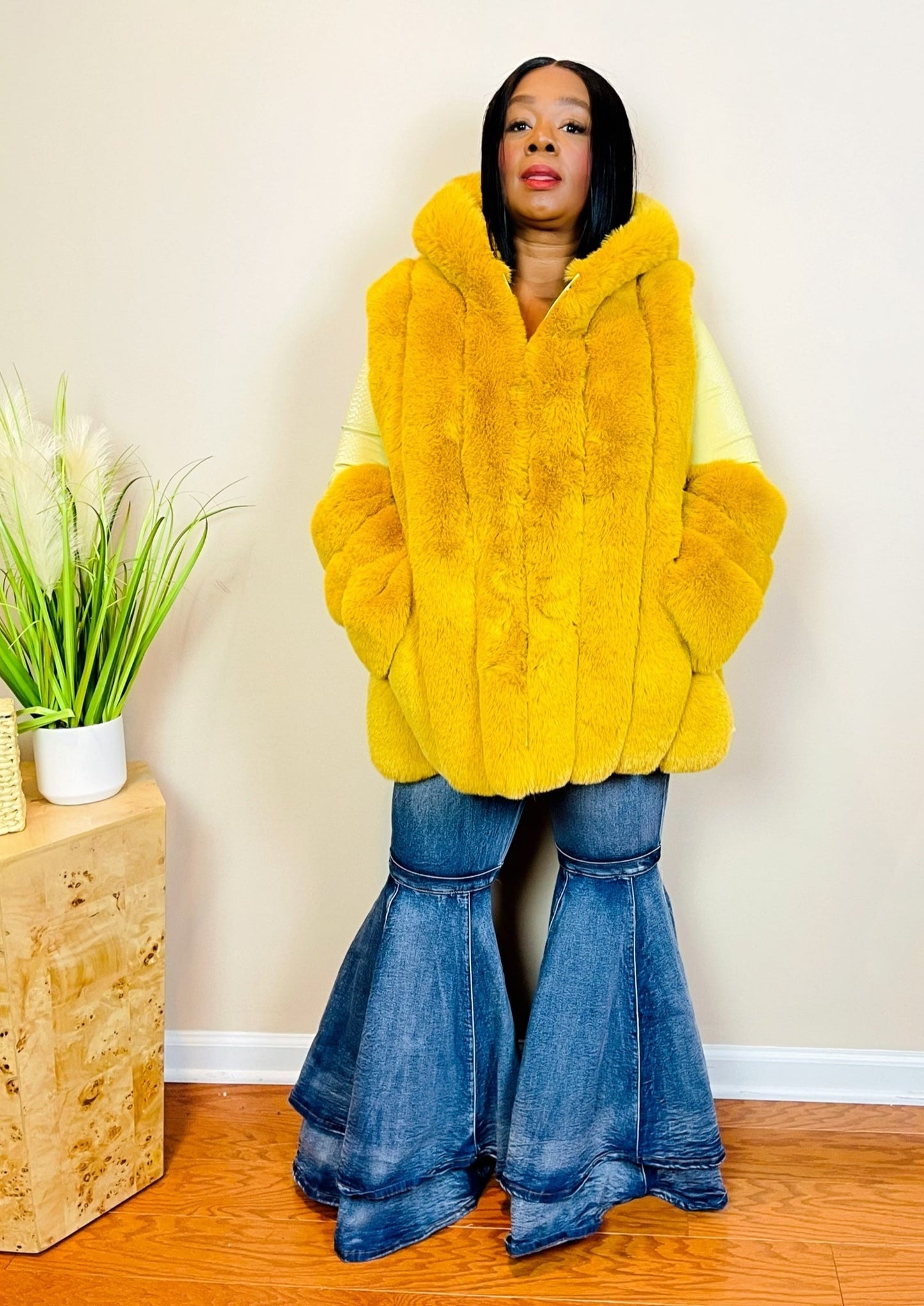 FAUX MINK & FAUX LEATHER HOODED COAT