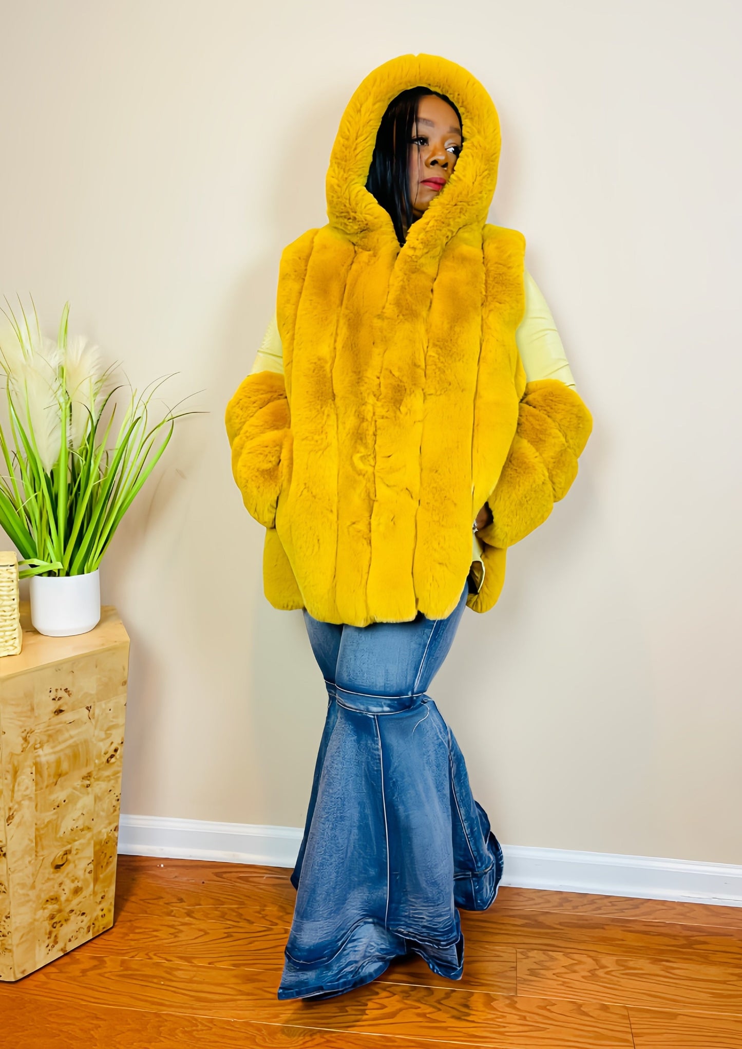 FAUX MINK & FAUX LEATHER HOODED COAT