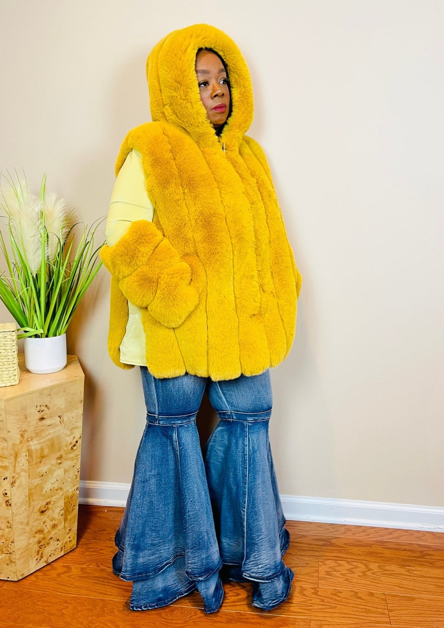 FAUX MINK & FAUX LEATHER HOODED COAT
