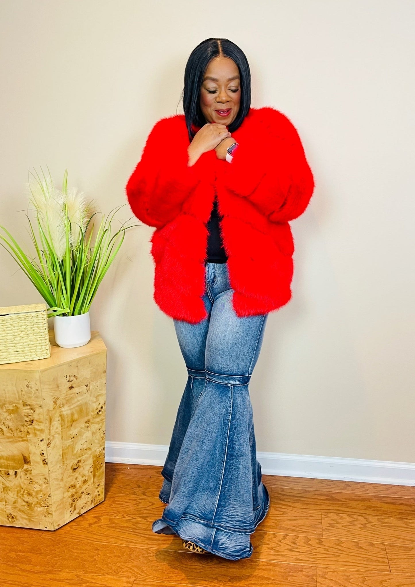 FAUX FUR STRIPED COAT RED