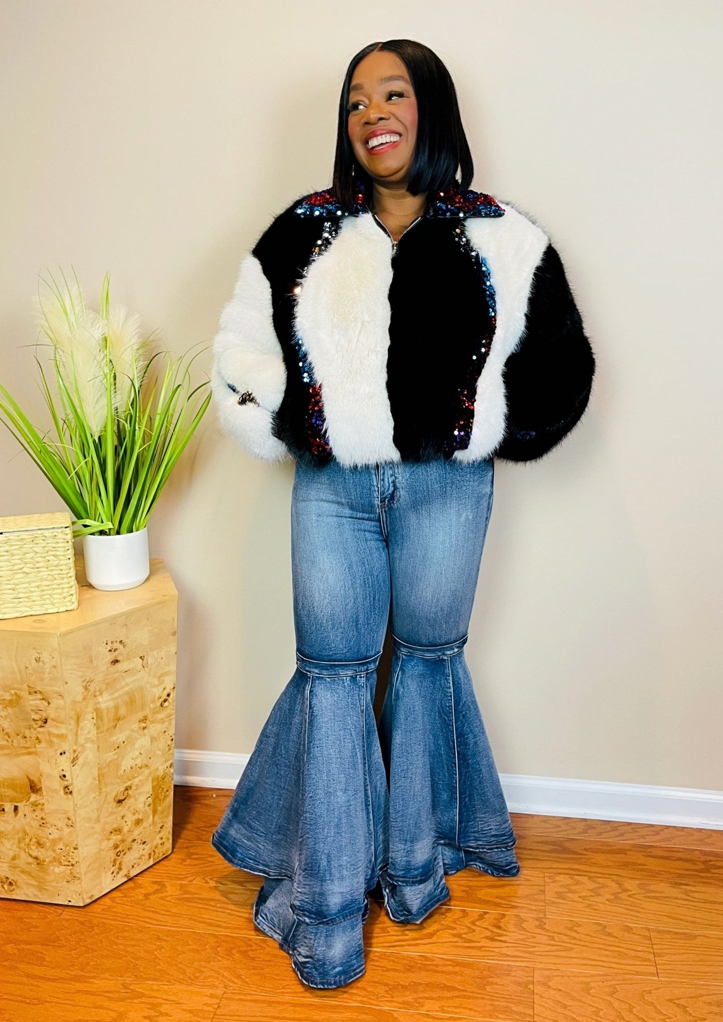 BAMBOO FUR & SEQUIN BOMBER JACKET