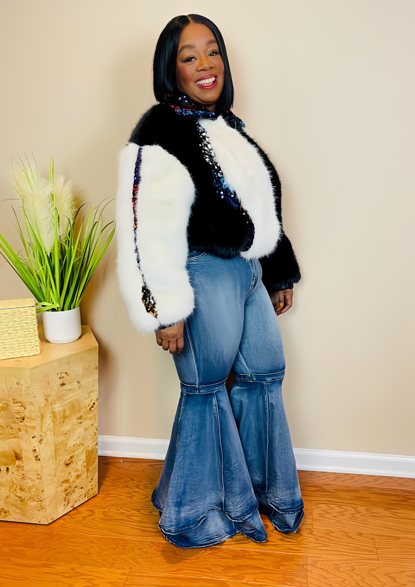 BAMBOO FUR & SEQUIN BOMBER JACKET