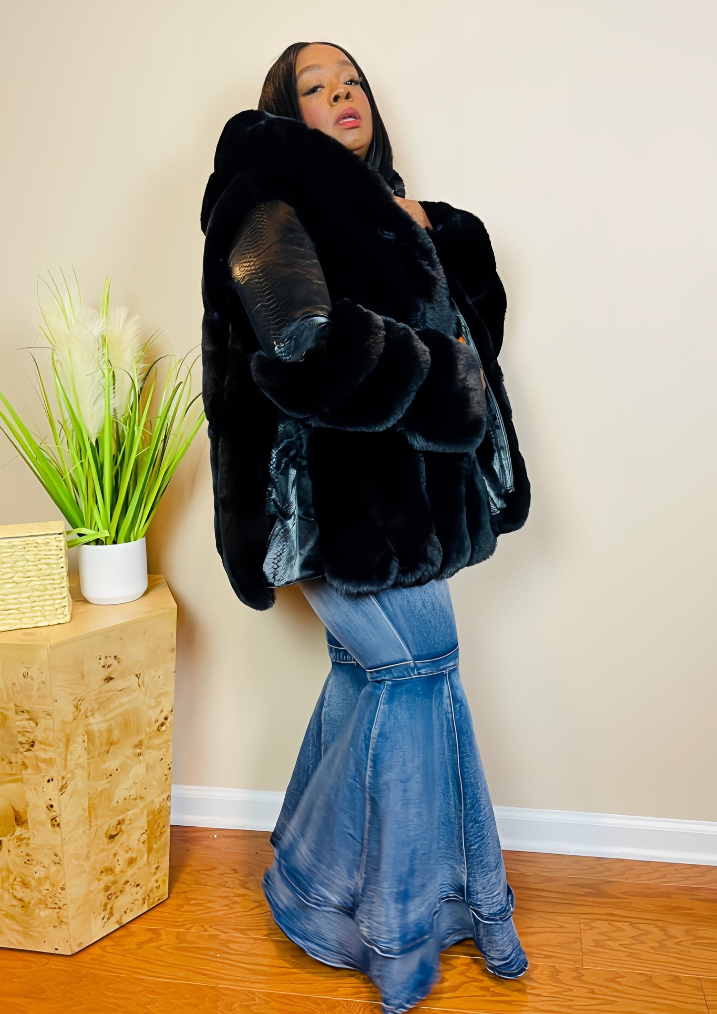 FAUX MINK & FAUX LEATHER HOODED COAT