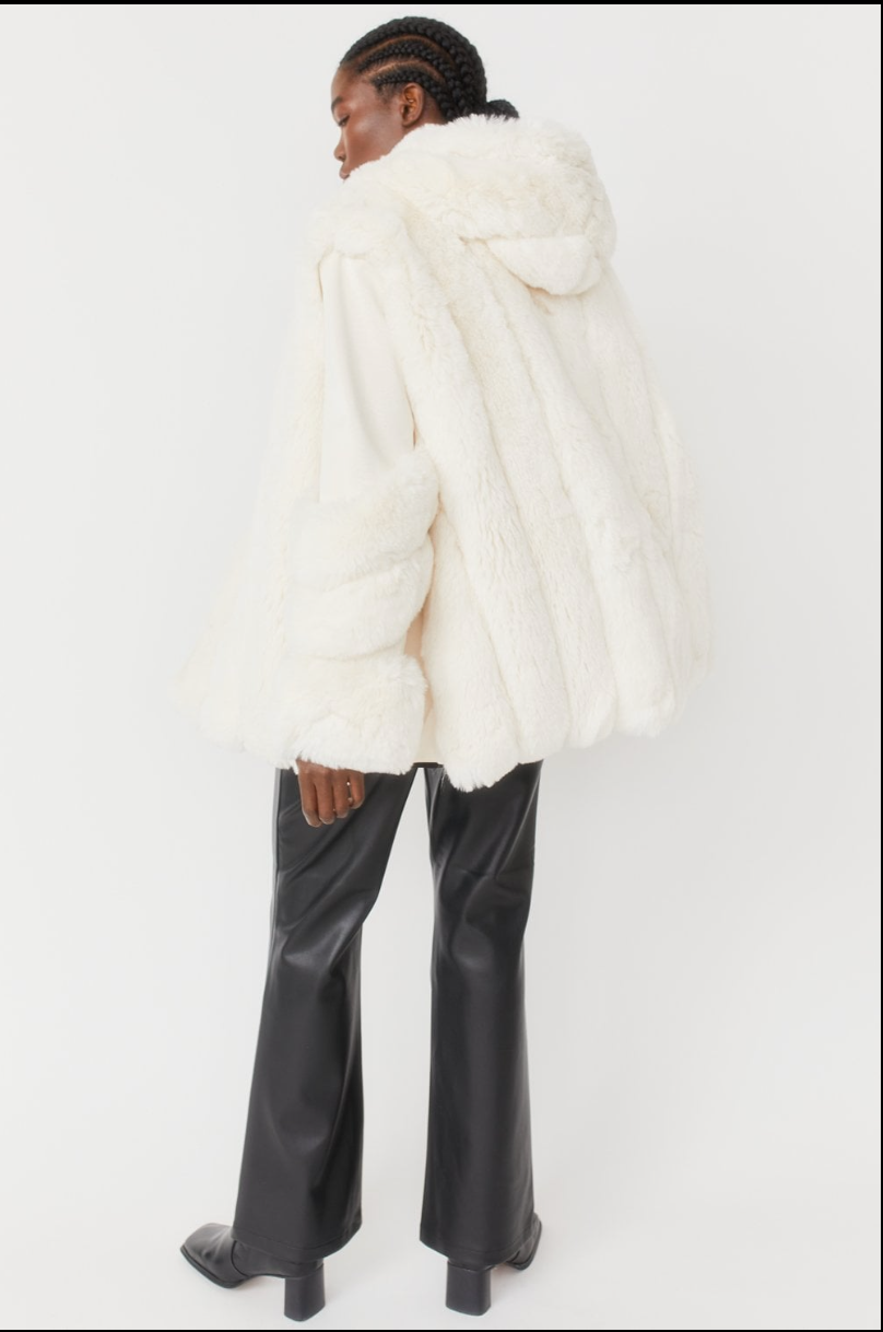 FAUX MINK & FAUX LEATHER HOODED COAT