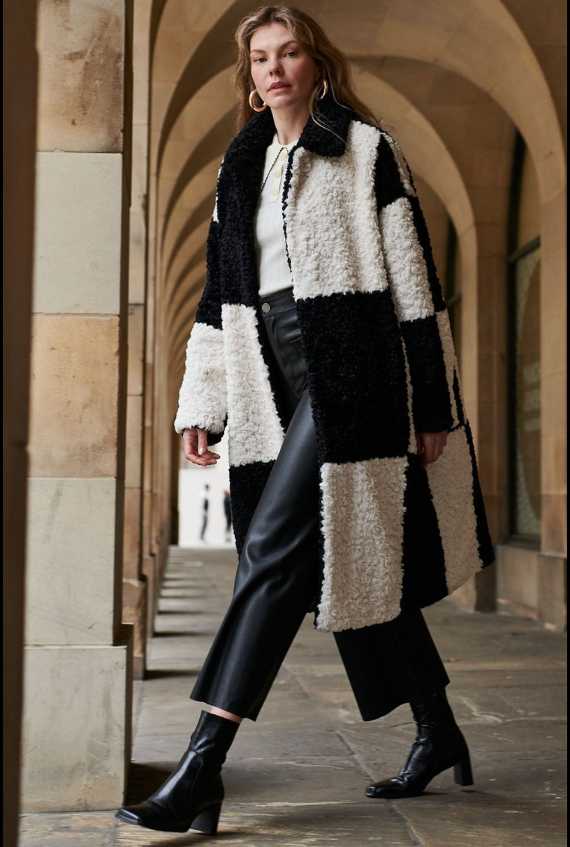 CHECKERED BLACK & WHITE FAUX SHERLING COAT (PRE-ORDER SHIPS 11/15)