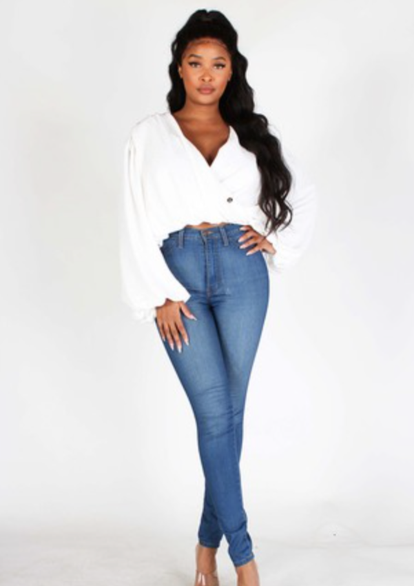 BALLOON V NECK CROP TOP-WHITE