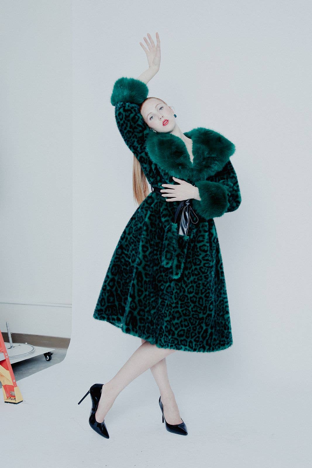 Leopard Print Pleather Belted Faux Fur Coat