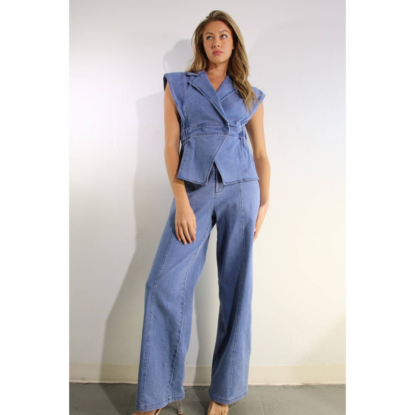 STRETCH COLLARED TOP AND PANTS SET