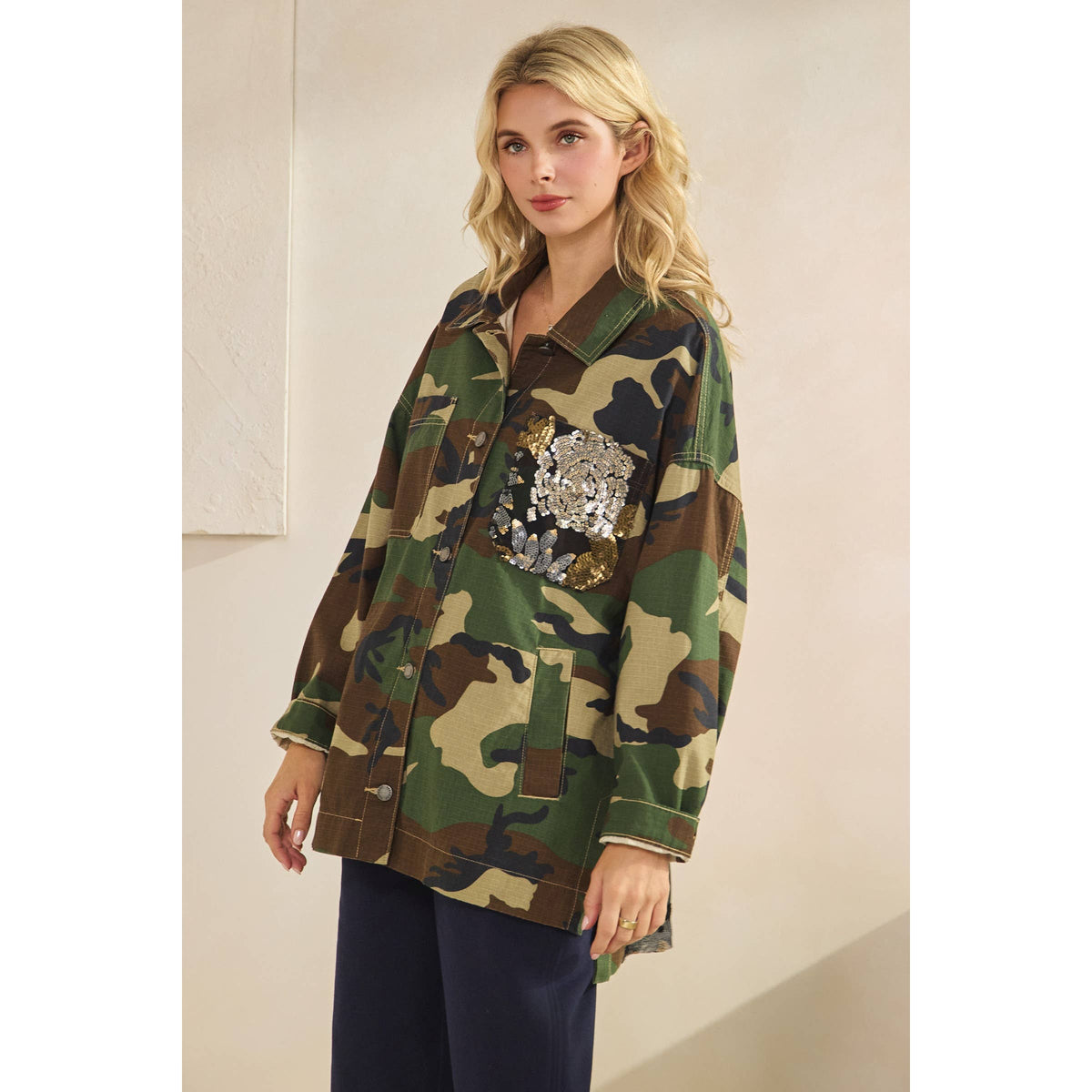 Camo Jacket with Floral Mesh Sequins Contrast