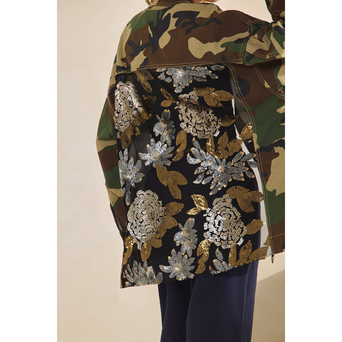 Camo Jacket with Floral Mesh Sequins Contrast