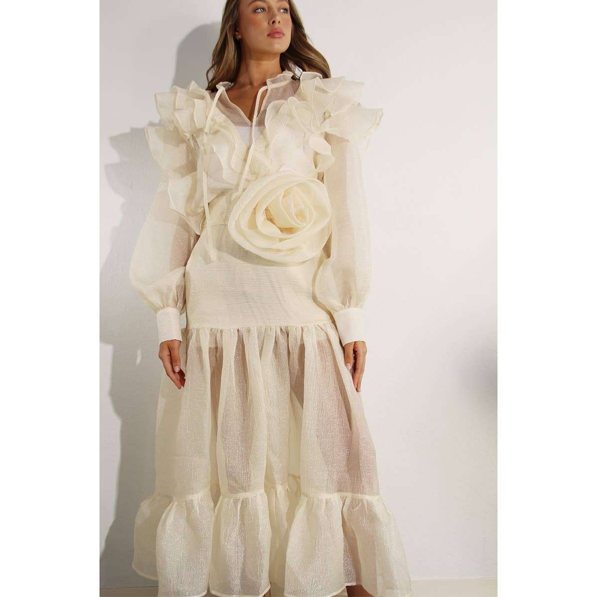 LOVELY RUFFLE BLOUSE AND FLOWER BELTED SKIRT SET