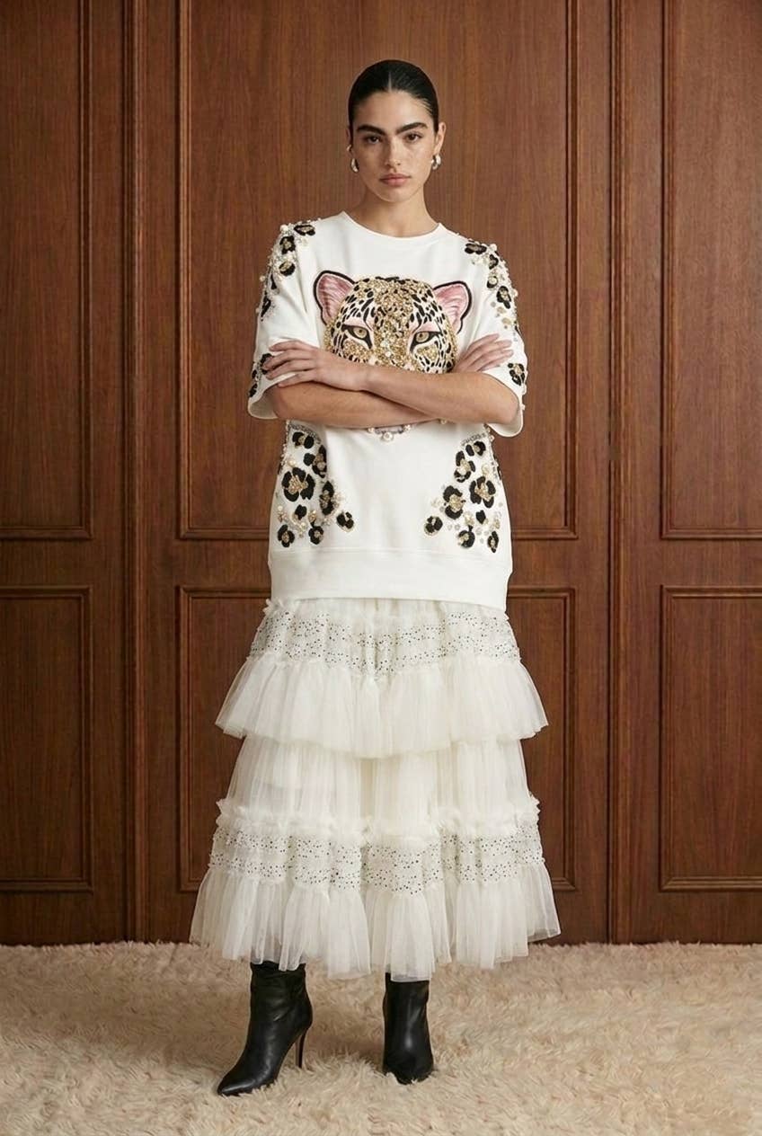 Embellished Leopard Motif Oversized T-Shirt
