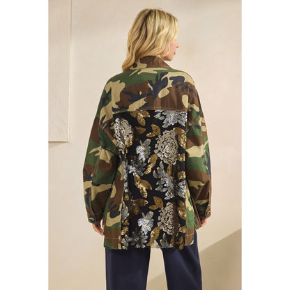 Camo Jacket with Floral Mesh Sequins Contrast