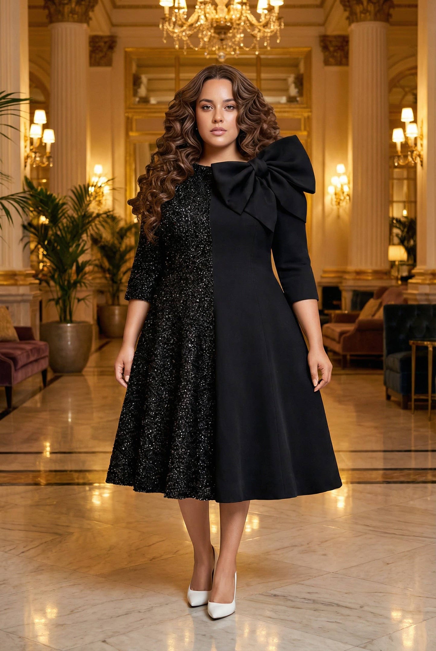Bow Accent Textured Midi Dress