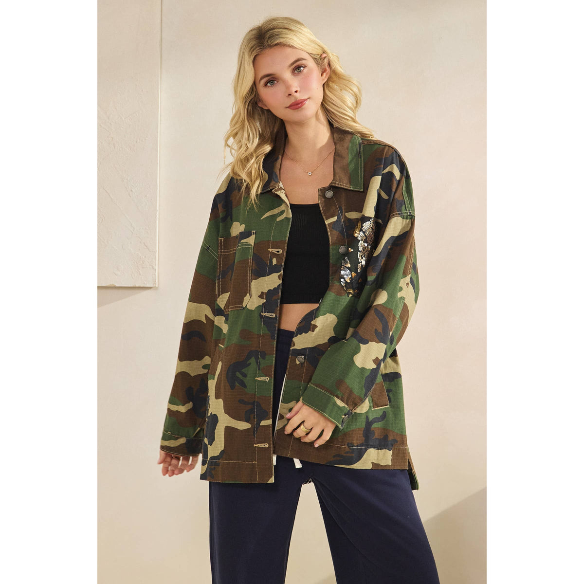 Camo Jacket with Floral Mesh Sequins Contrast
