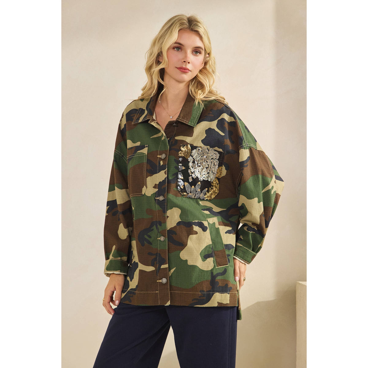 Camo Jacket with Floral Mesh Sequins Contrast