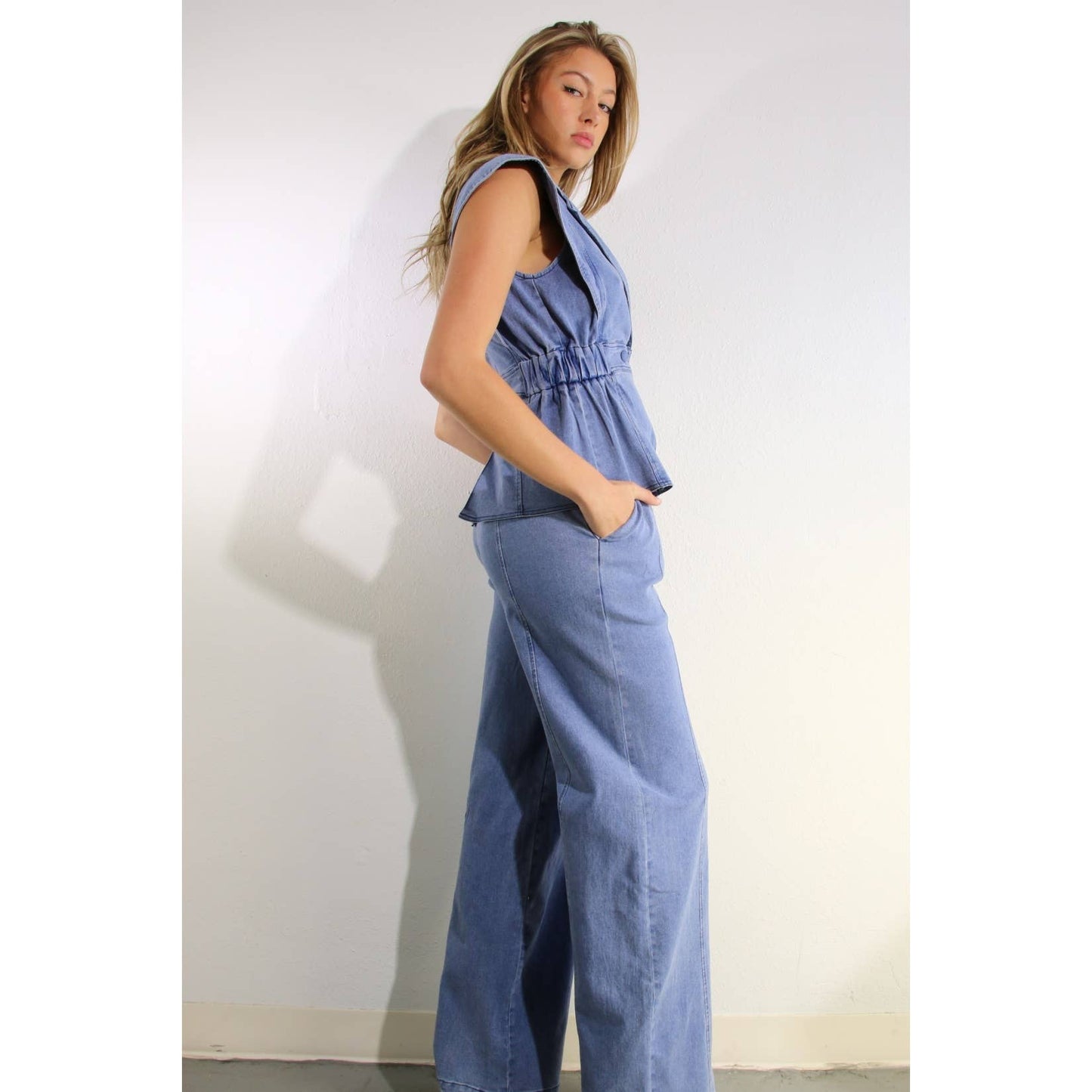 STRETCH COLLARED TOP AND PANTS SET