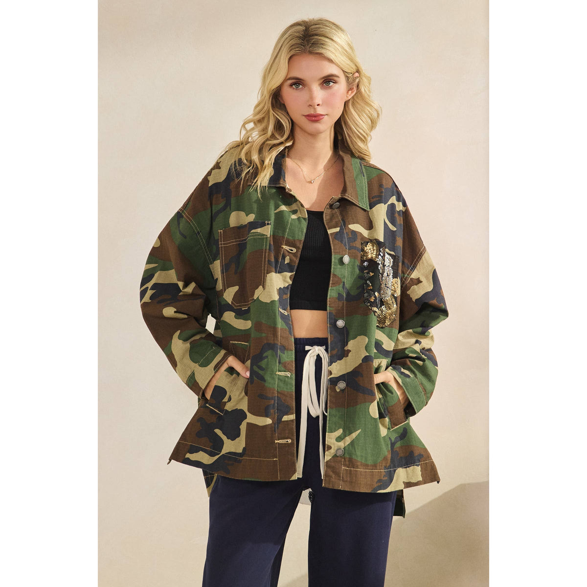 Camo Jacket with Floral Mesh Sequins Contrast