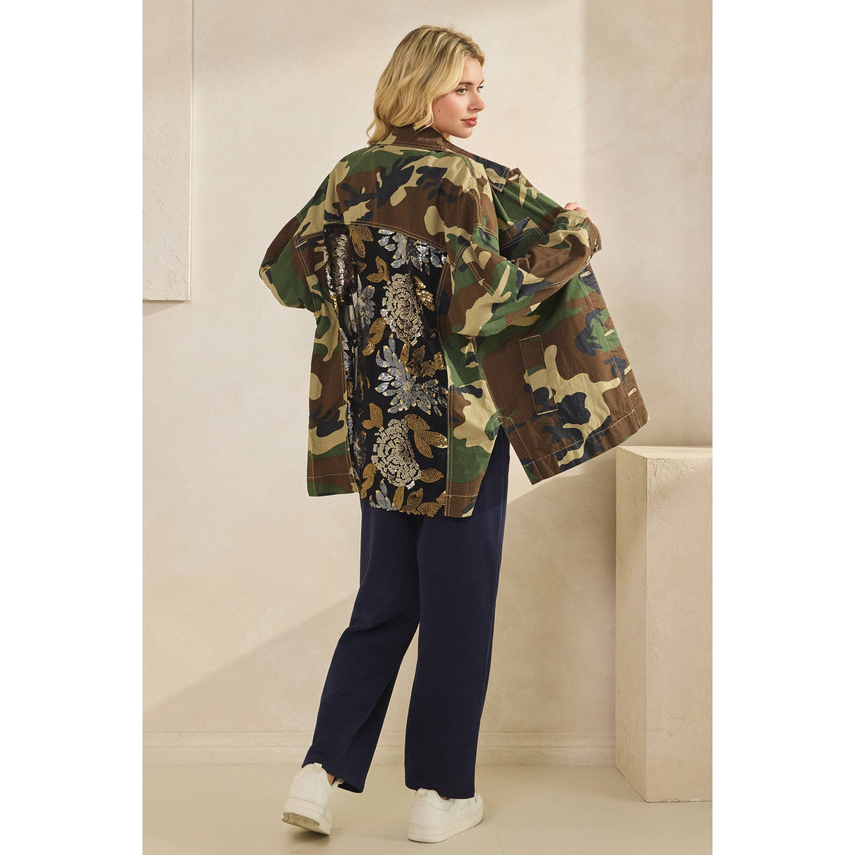 Camo Jacket with Floral Mesh Sequins Contrast