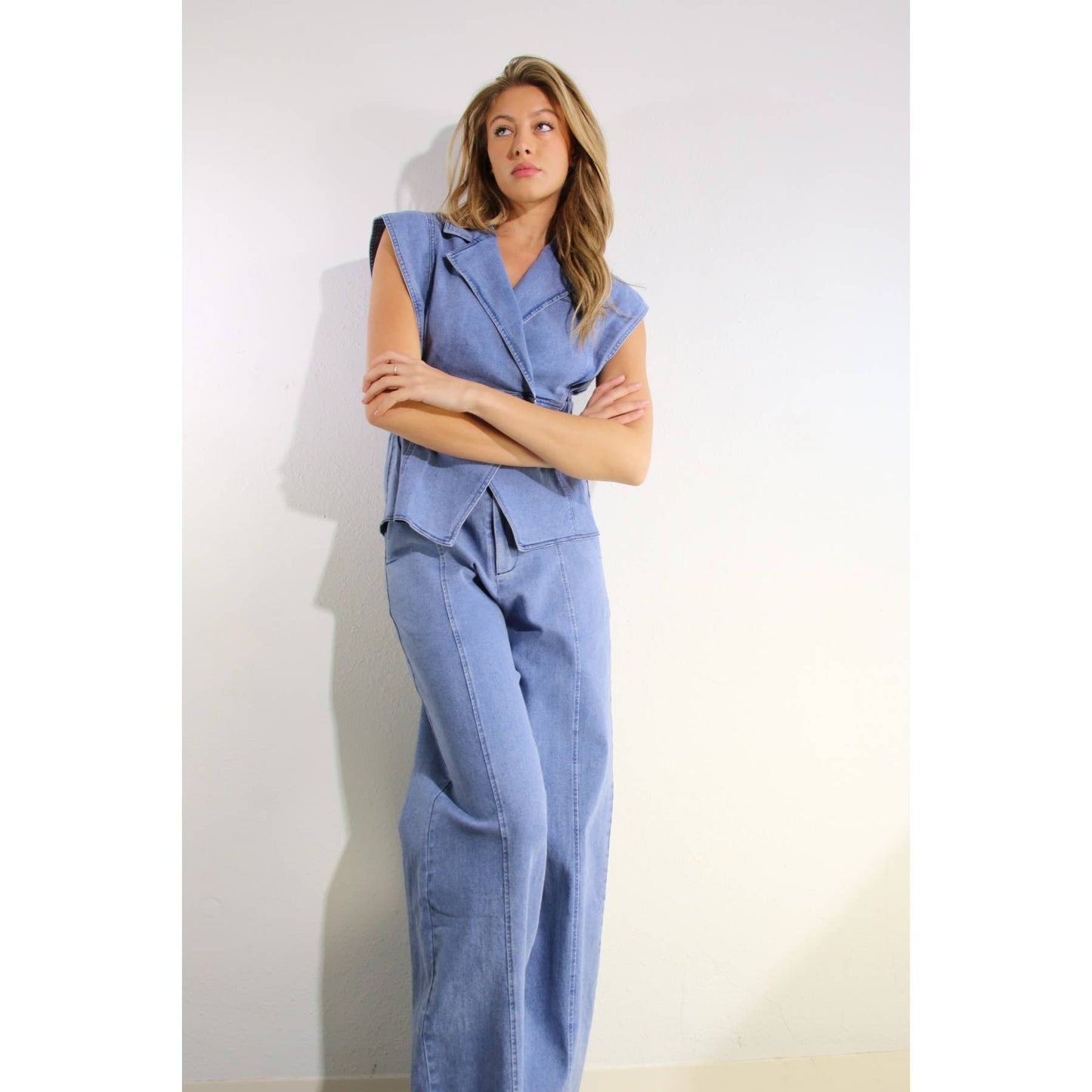 STRETCH COLLARED TOP AND PANTS SET