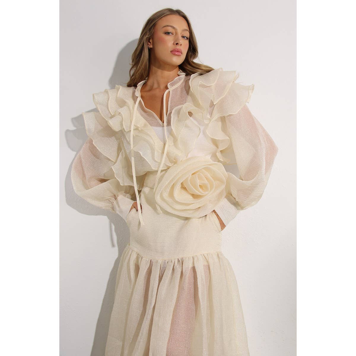 LOVELY RUFFLE BLOUSE AND FLOWER BELTED SKIRT SET