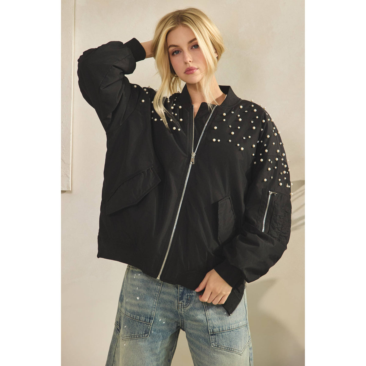 Rhinestone Oversize Bomber Jacket