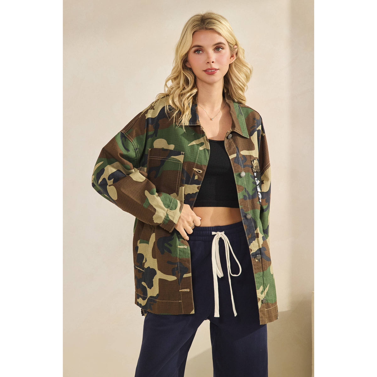 Camo Jacket with Floral Mesh Sequins Contrast