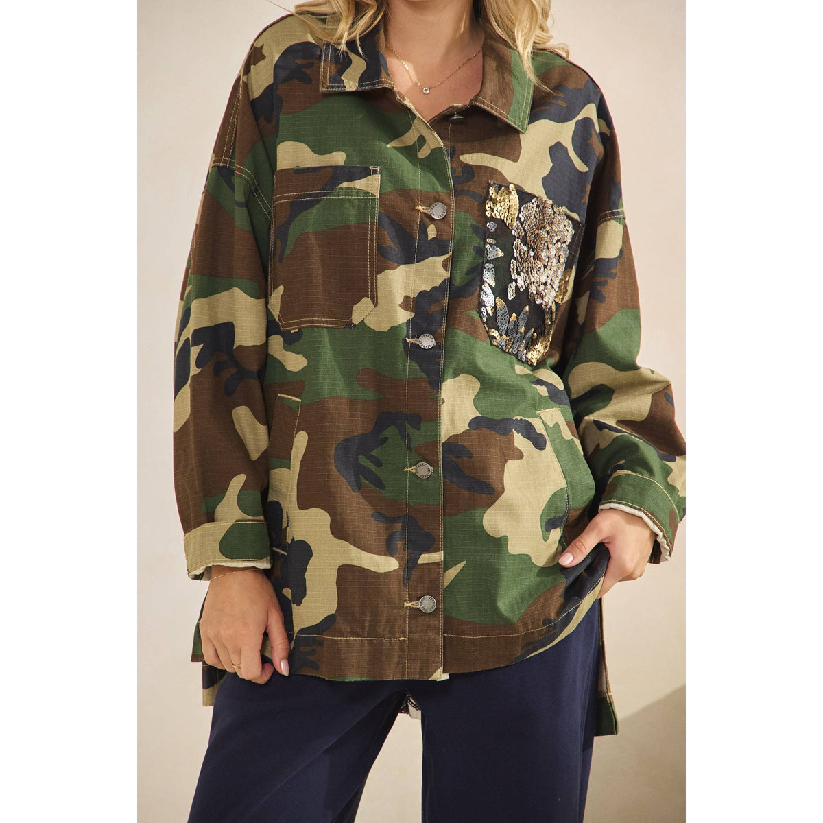 Camo Jacket with Floral Mesh Sequins Contrast