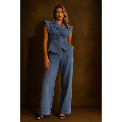STRETCH COLLARED TOP AND PANTS SET