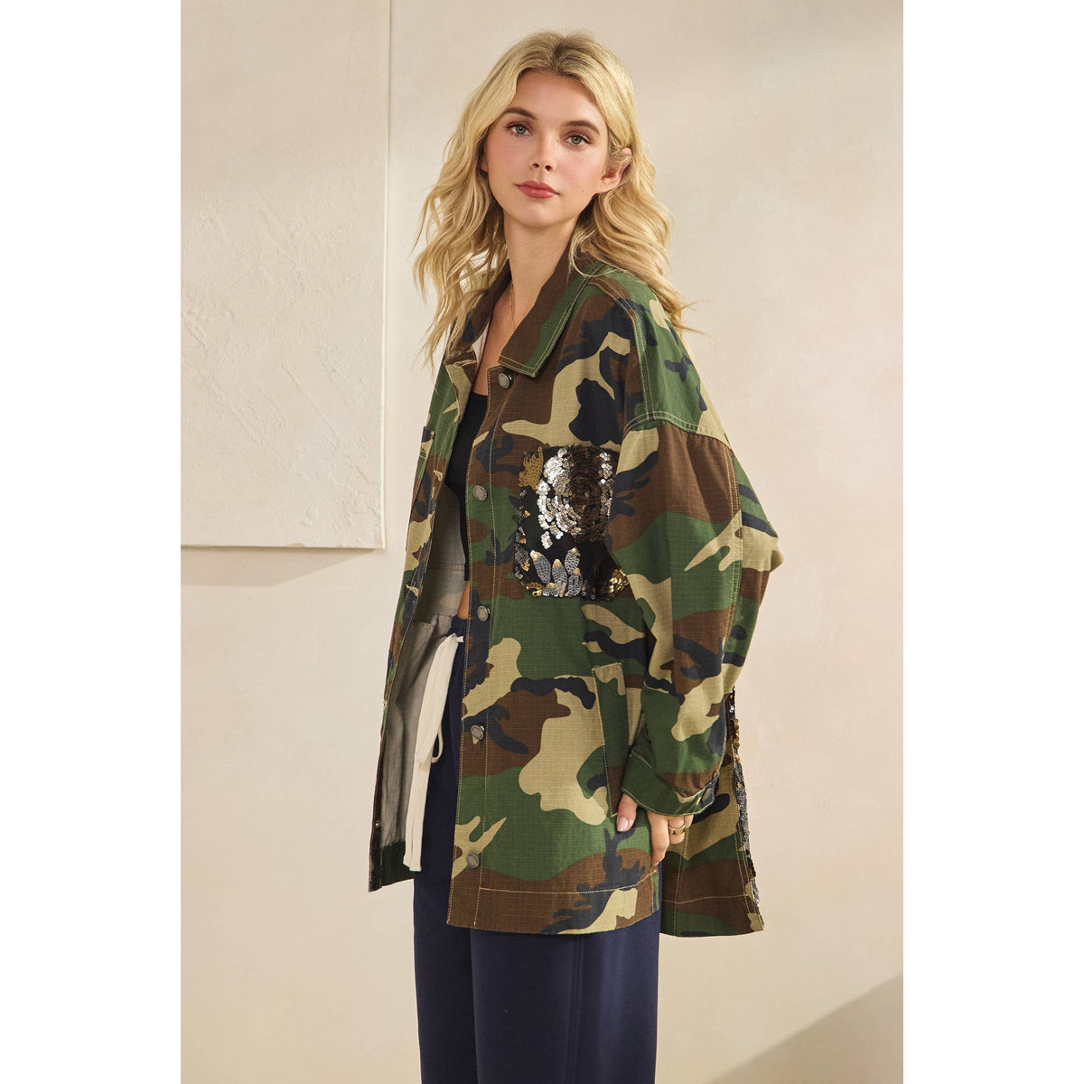Camo Jacket with Floral Mesh Sequins Contrast