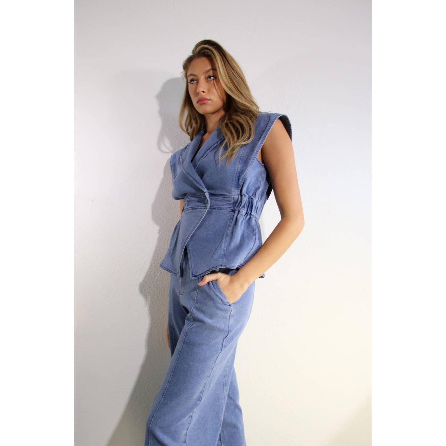 STRETCH COLLARED TOP AND PANTS SET