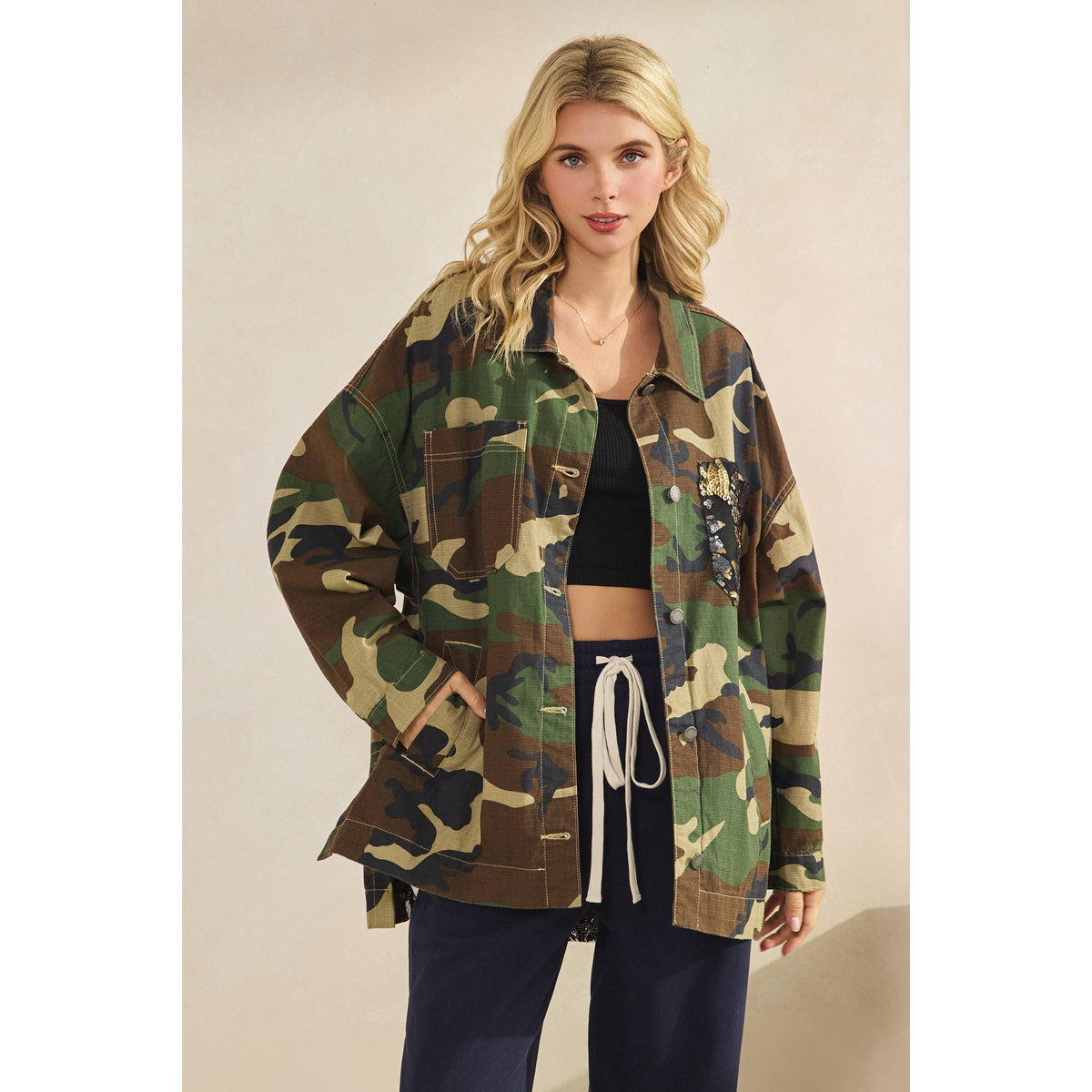 Camo Jacket with Floral Mesh Sequins Contrast