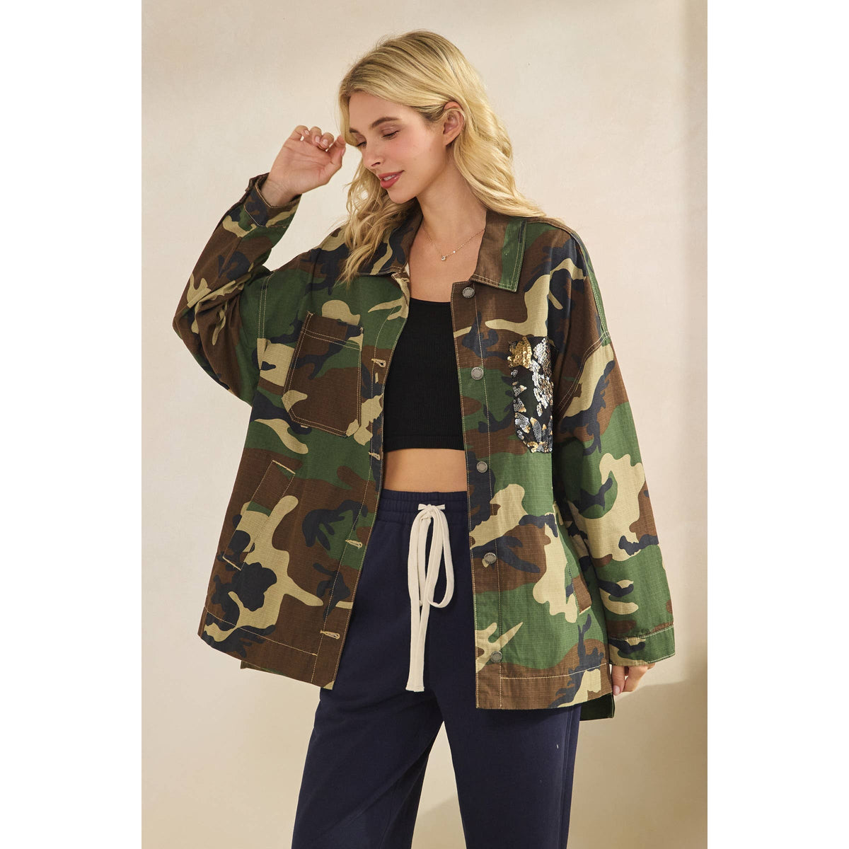 Camo Jacket with Floral Mesh Sequins Contrast