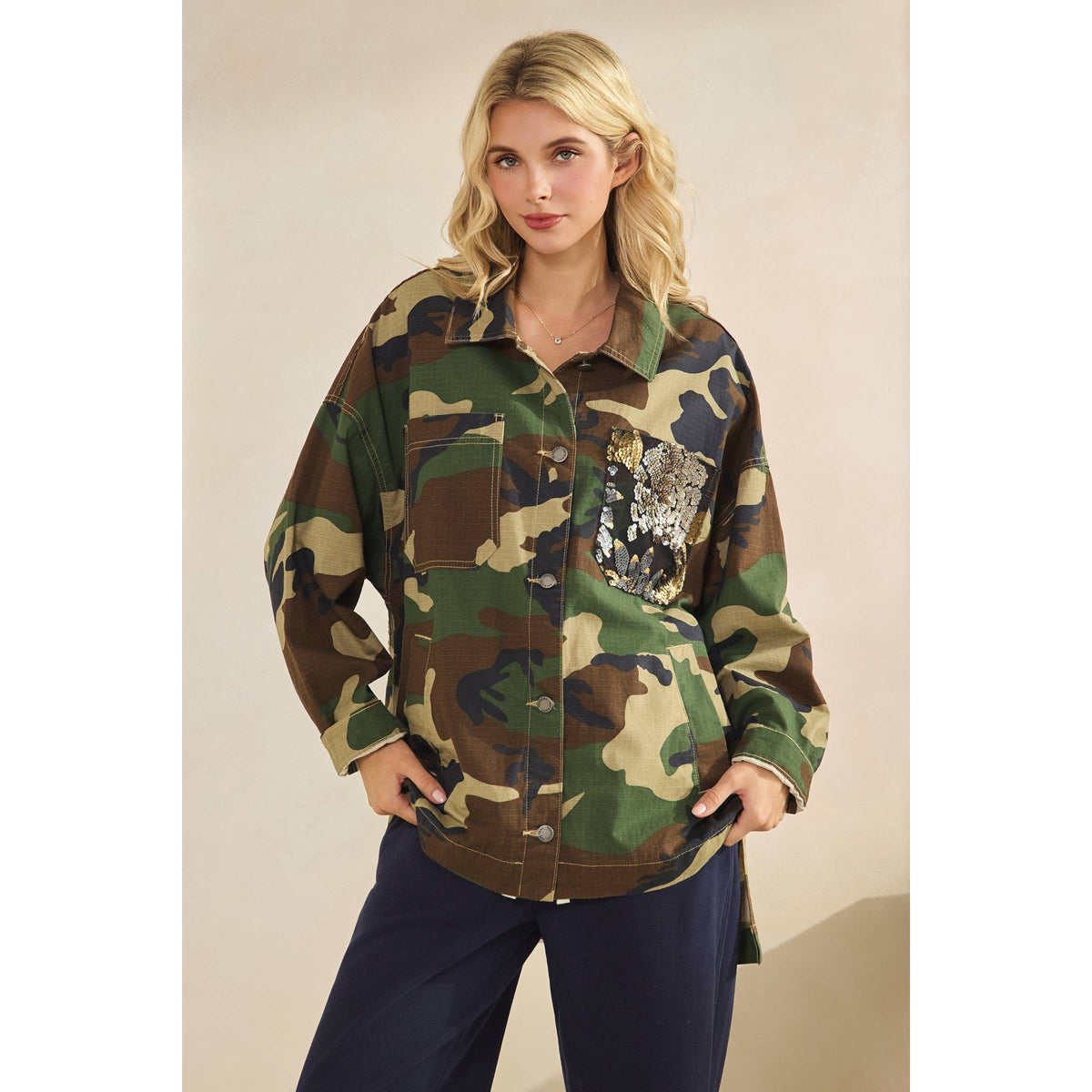 Camo Jacket with Floral Mesh Sequins Contrast