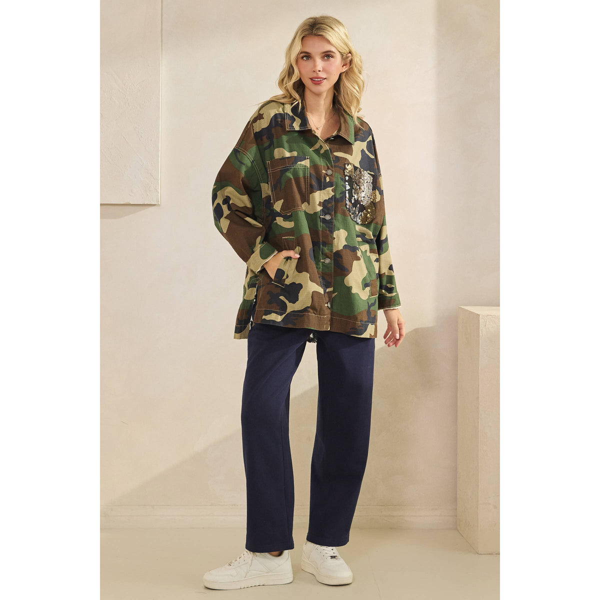 Camo Jacket with Floral Mesh Sequins Contrast