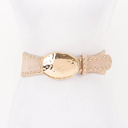 Hammered Metal Buckle Studded Faux Suede Elastic Belt