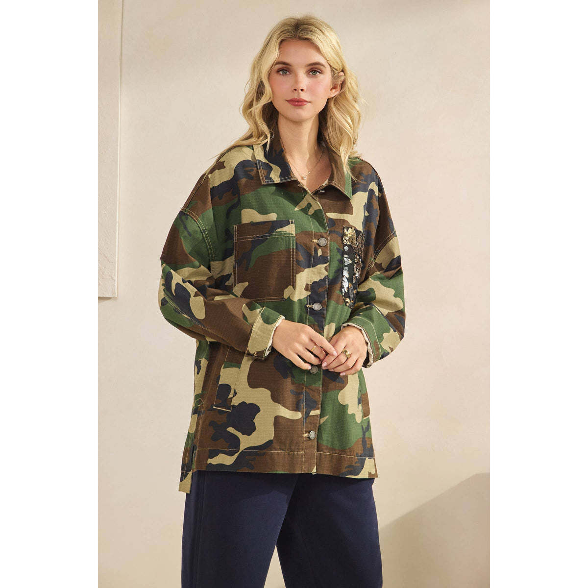 Camo Jacket with Floral Mesh Sequins Contrast