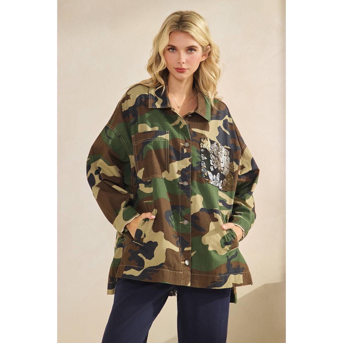 Camo Jacket with Floral Mesh Sequins Contrast