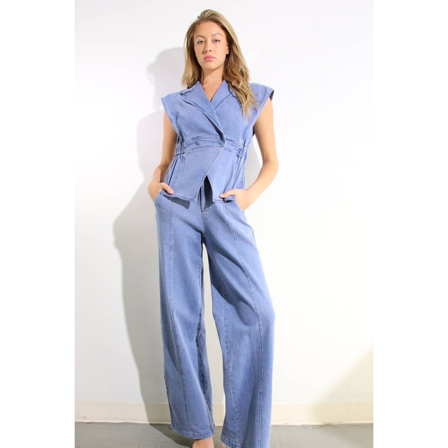 STRETCH COLLARED TOP AND PANTS SET