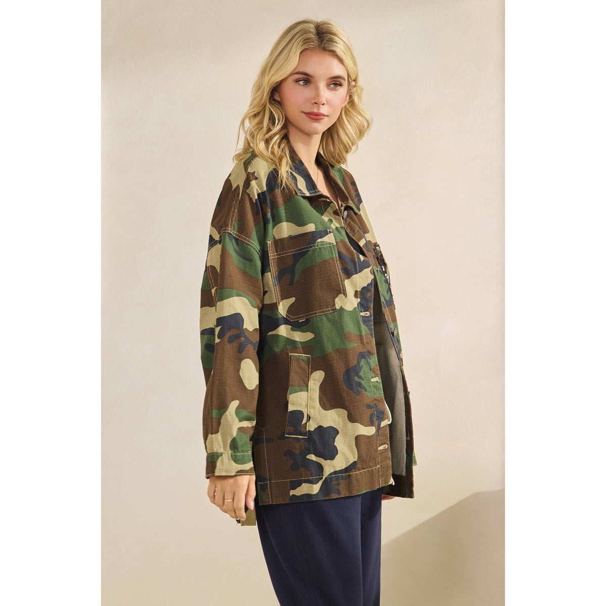 Camo Jacket with Floral Mesh Sequins Contrast